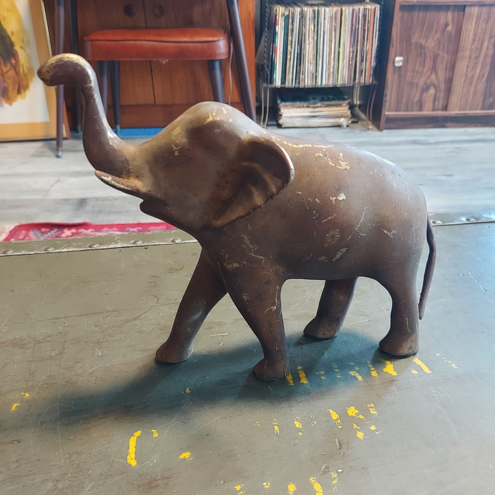Vintage Cast Metal Elephant Figurine Trunk Up Bronze Tone MCM Decor 7.5x8"